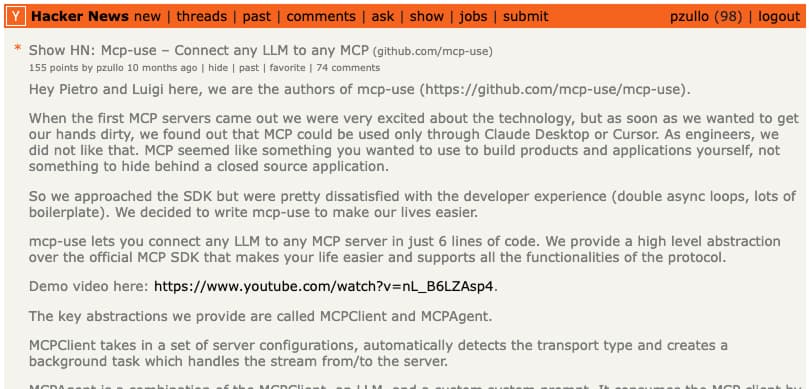 Show HN: mcp-use on the Hacker News front page